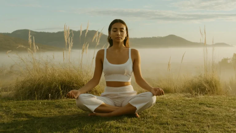 Mujer practicando meditación y bienestar - factores no nutricionales del sobrepeso